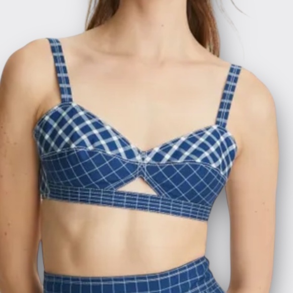 TORY BURCH Picnic Plaid Bra Top ASO J Lo Silk Vintage-Inspired Retro Blue S 4 - Picture 2 of 9